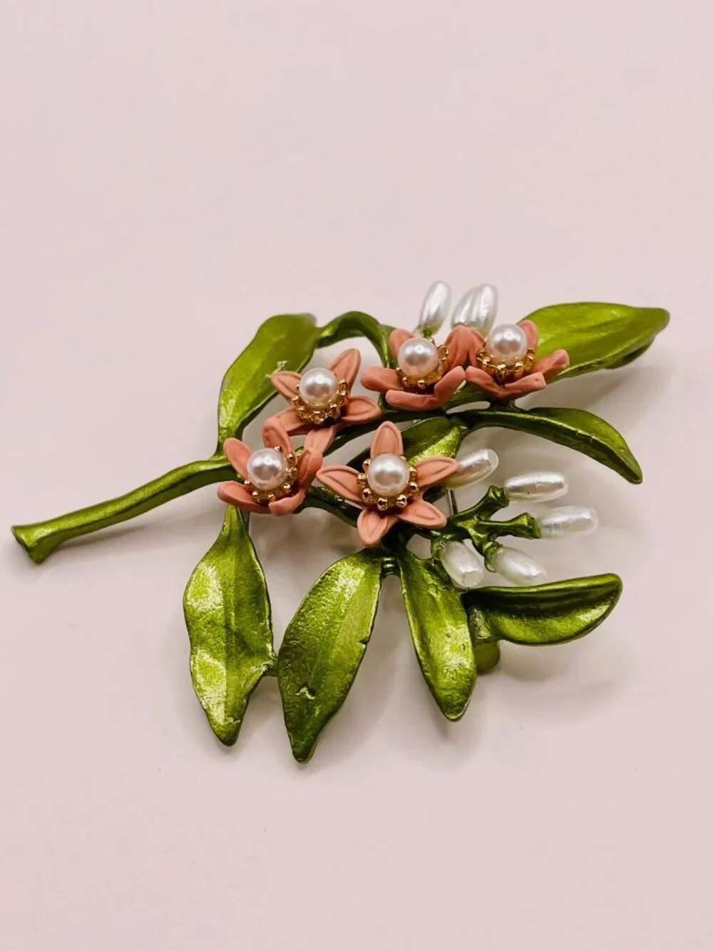 Floral Brooch Pink Enamel Flowers Faux Pearls & Green Metallic Leaves -103B